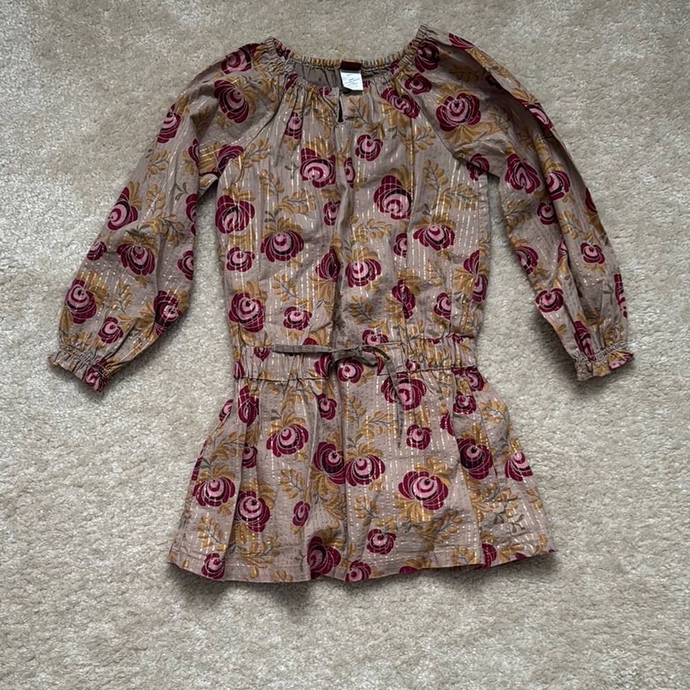 Tea Collection Kids Dress - Burgundy and Tan Floral EUC Size 3